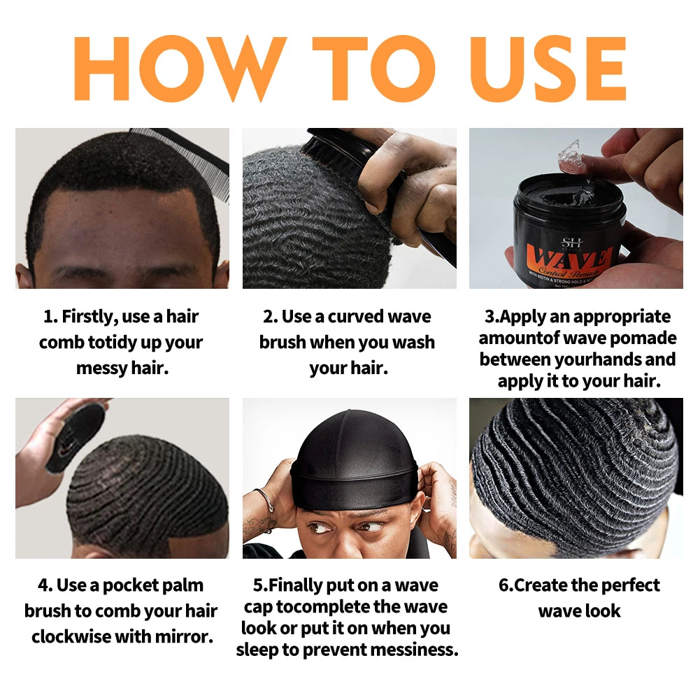 Wave shampoo and pomade with hairstyle and application graphics