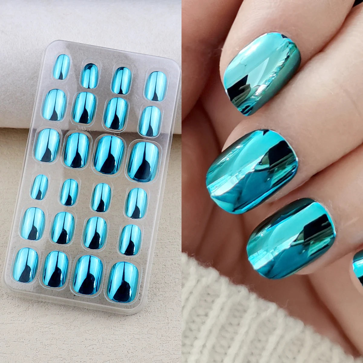 Chrome press-on nail shade shown in a set and on a hand