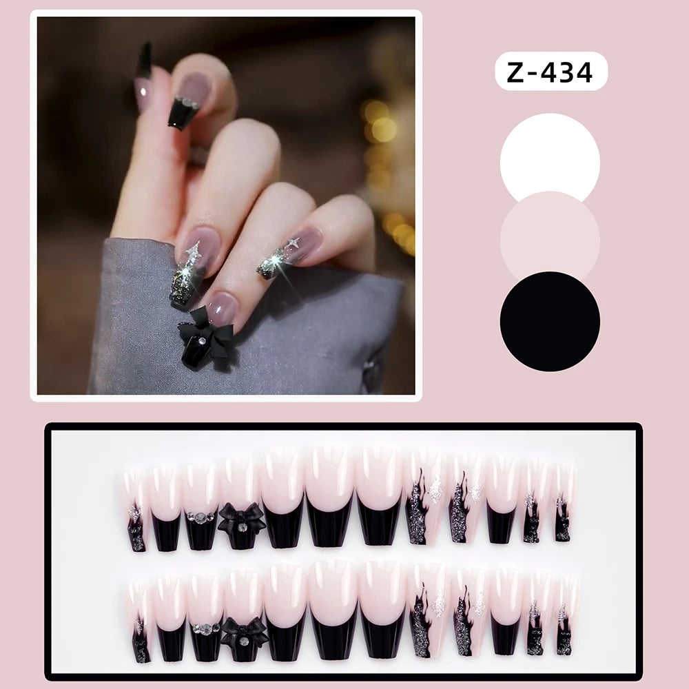 Press-on nail set with manicure example and shade samples