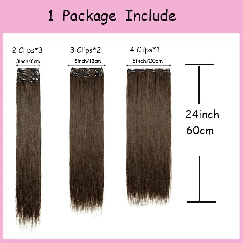 Straight clip-in hair extensions with clip and length details