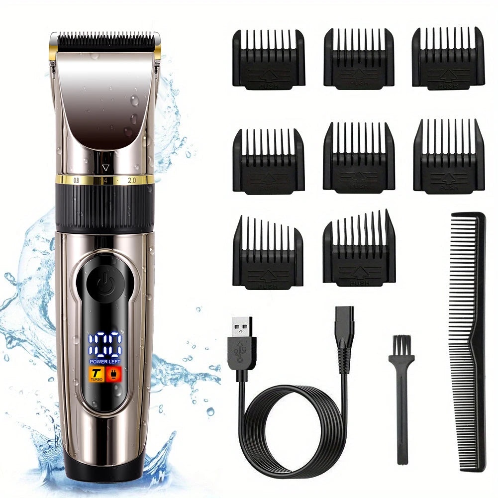 Hair clipper kit with guide combs and charging cable