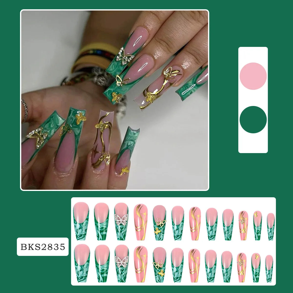 Green decorative press-on nail set with manicure example