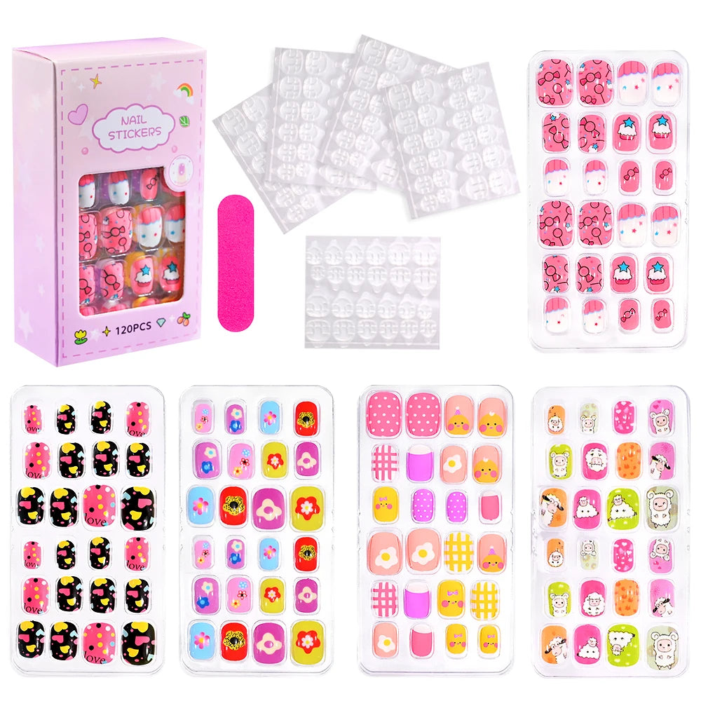 Assorted colorful press-on nails with packaging and manicure accessories