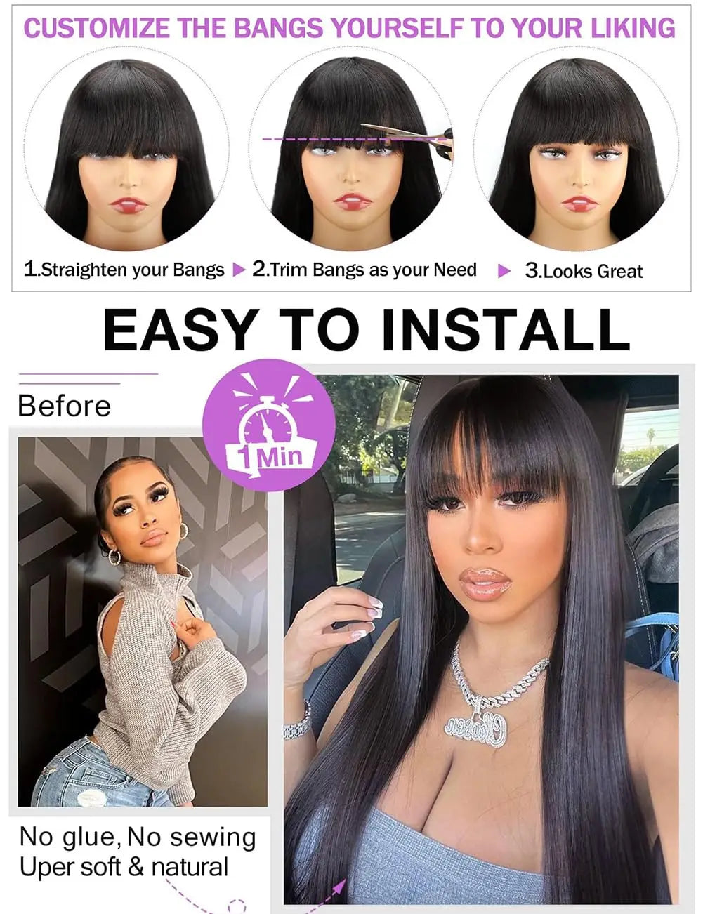 Long straight wig with bangs and styling examples