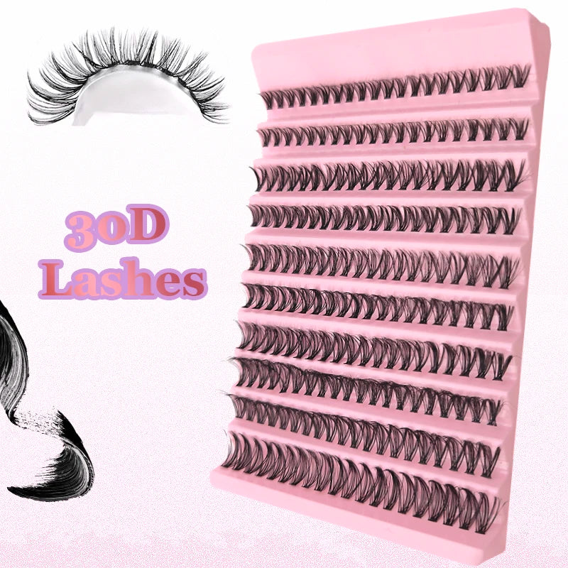 False eyelash clusters in trays with lash application examples