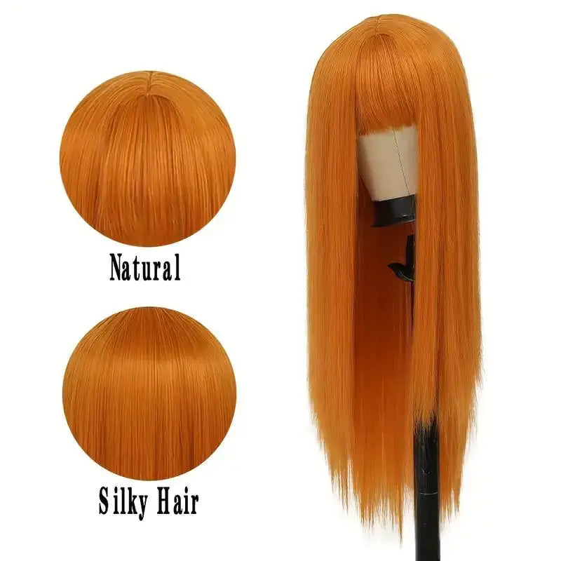 Long orange straight wig with bangs and product details