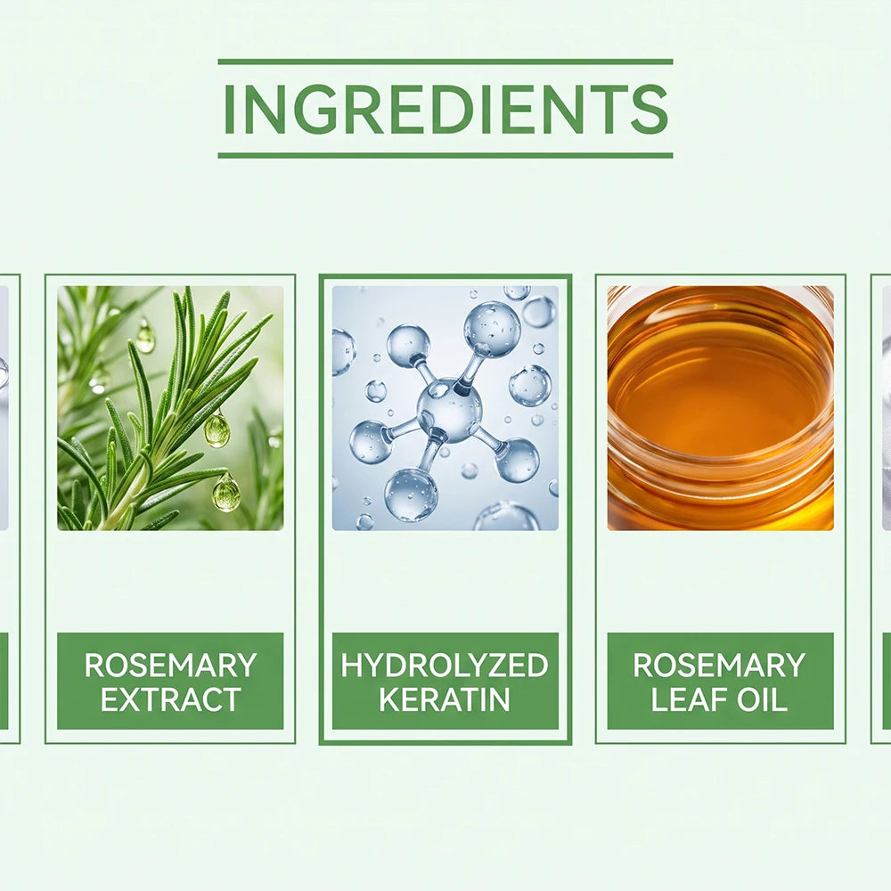 Rosemary hair care products with ingredient and use illustrations
