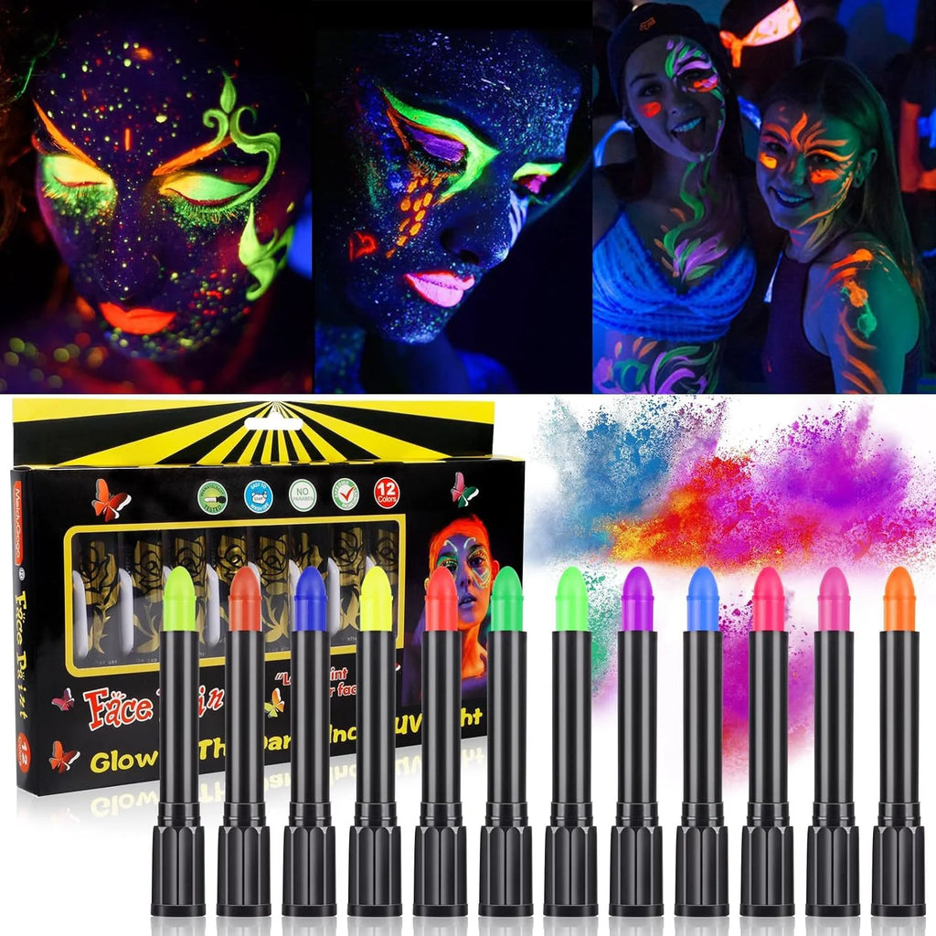 Bright face and body paint with UV-light application examples