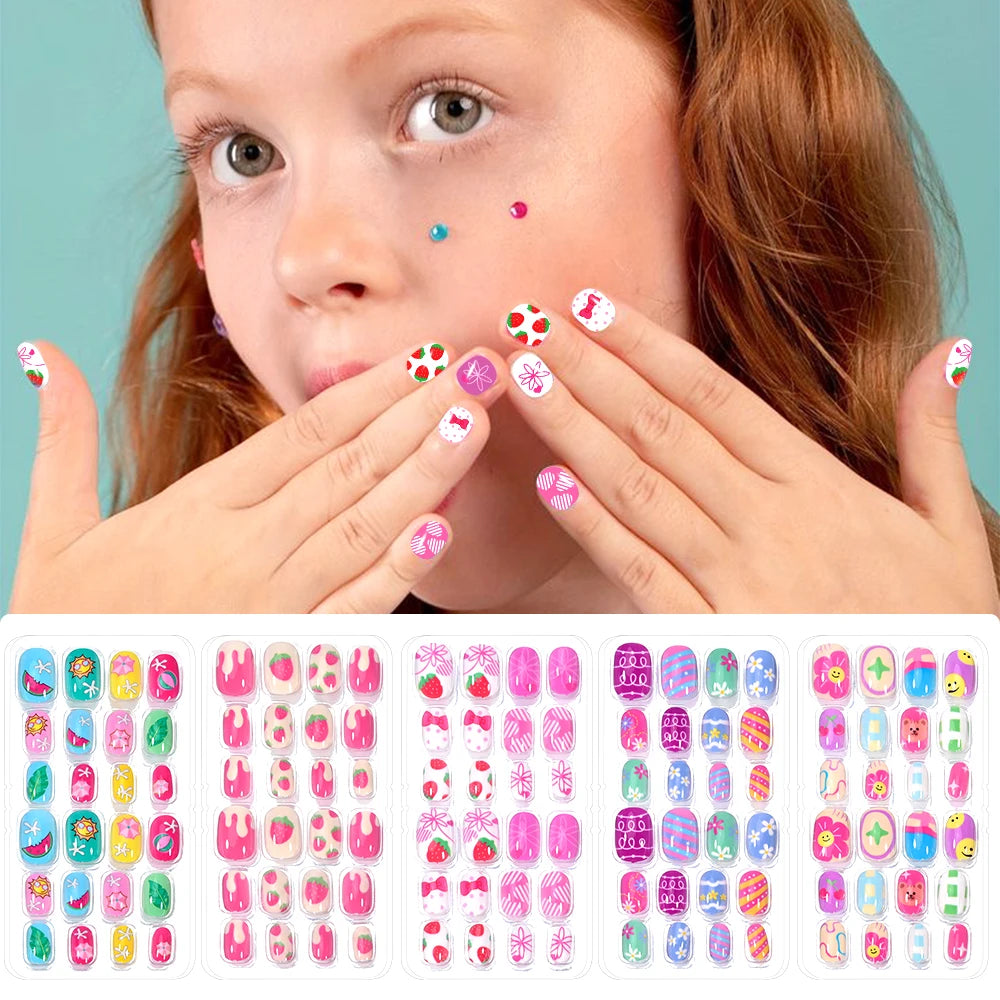 Colorful children's press-on nail sets with assorted decorative designs