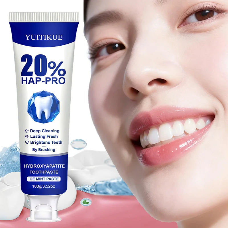 Hydroxyapatite toothpaste tube with smile and tooth care graphics