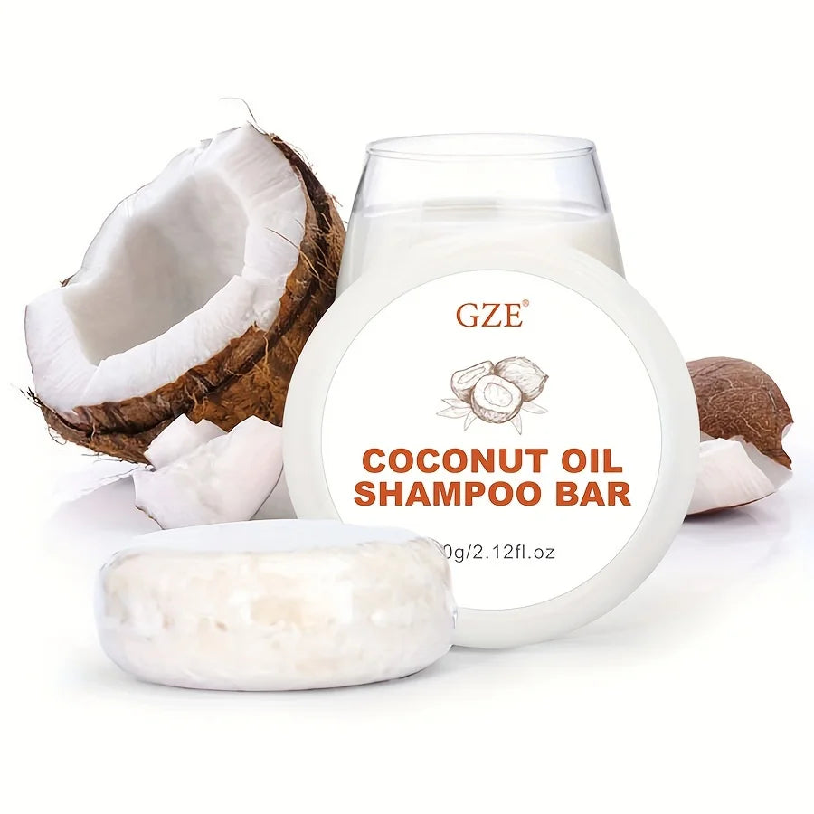Coconut oil shampoo bar with hair and ingredient graphics