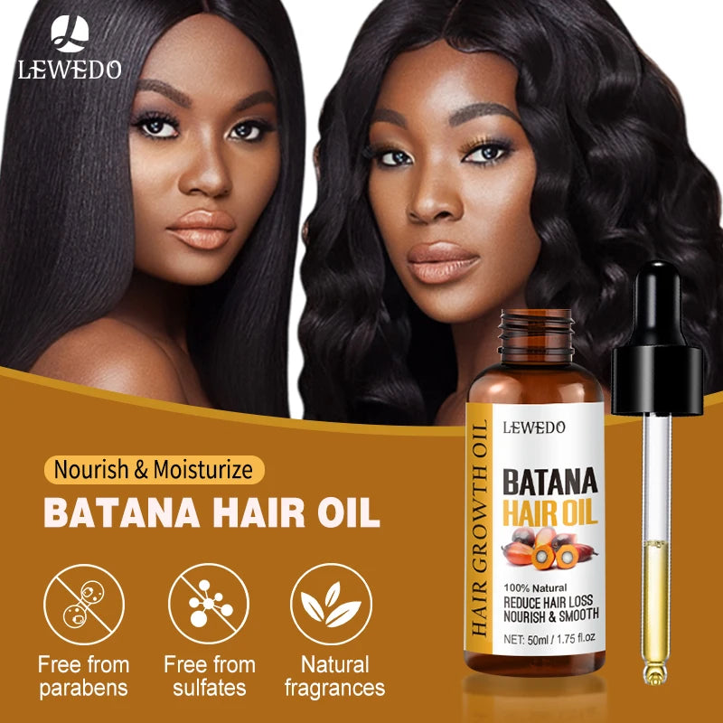 Batana hair oil with hairstyle and ingredient illustrations