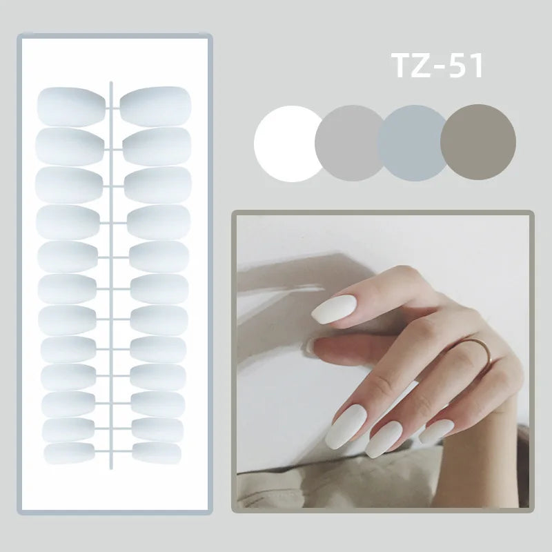 White press-on nail set with shade samples and manicure example