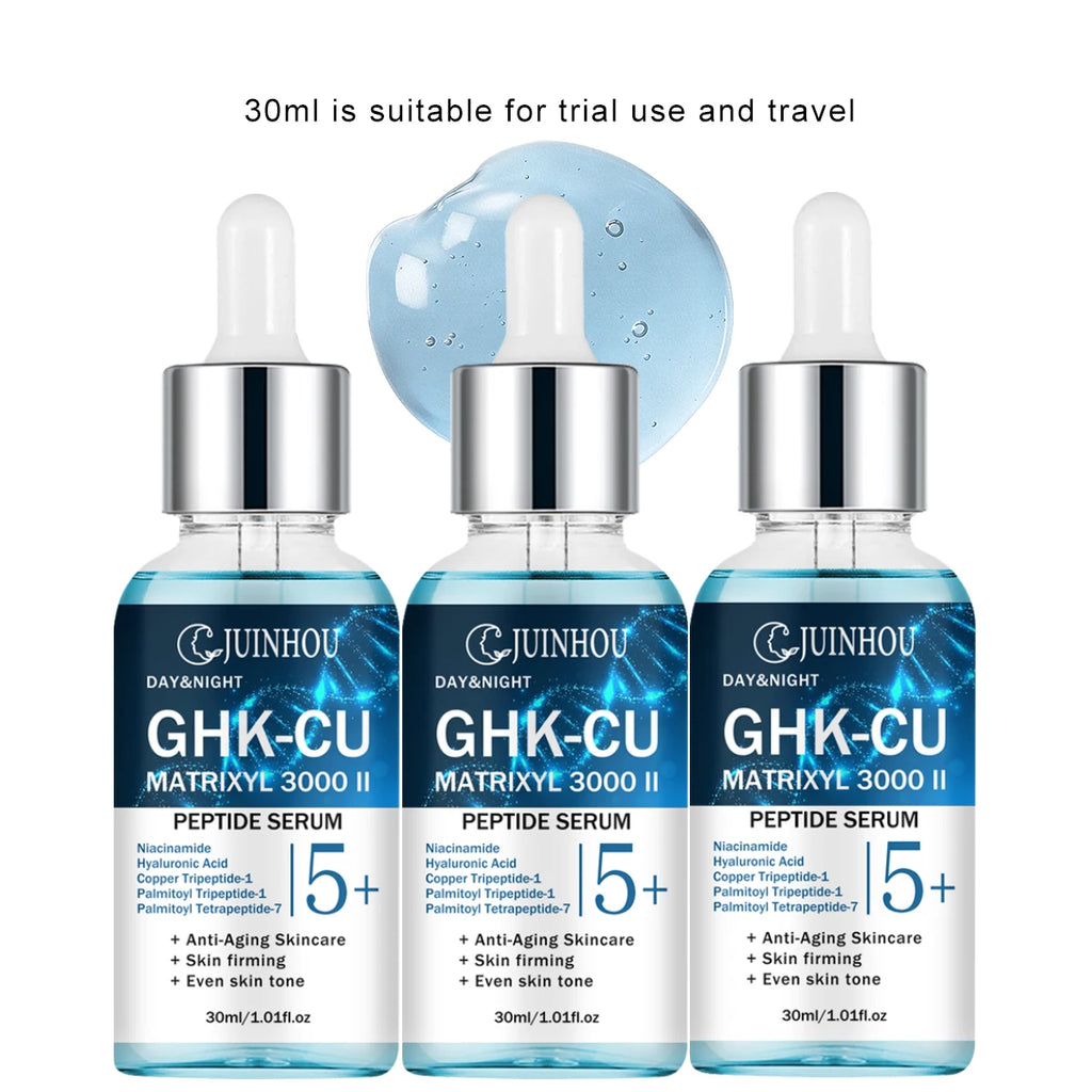 Copper peptide facial serum bottles with packaging or dimensions