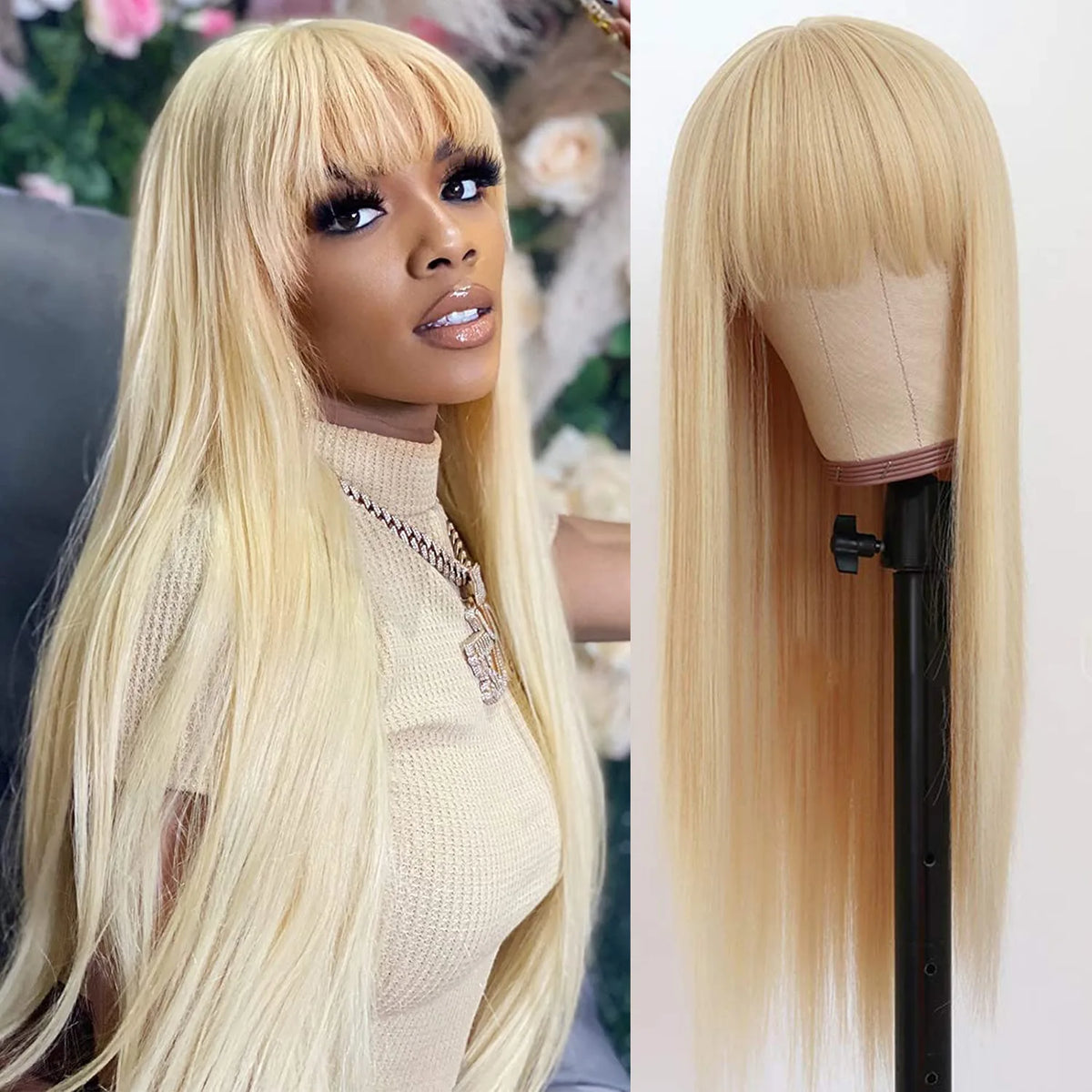 Long straight wig with bangs shown on a model and mannequin