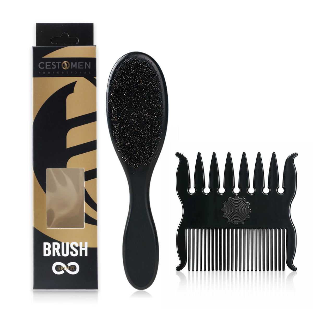 Hair brush and comb beside their packaging