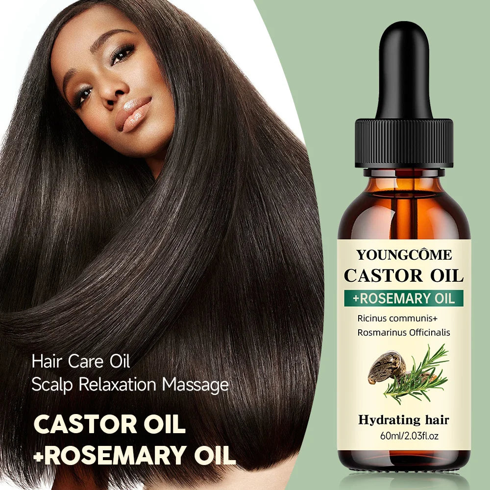 Castor and rosemary hair oil with ingredient and use illustrations