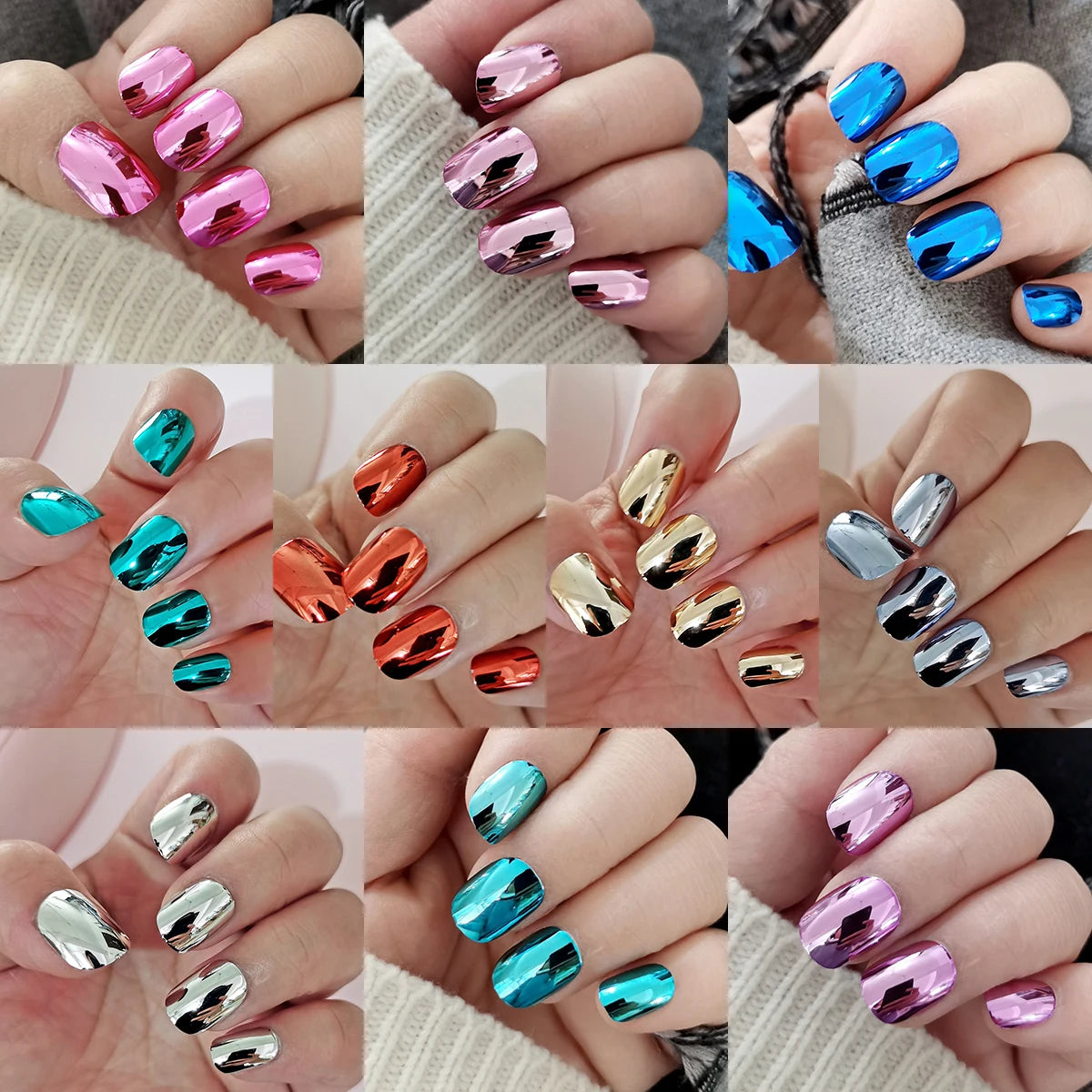 Chrome nail color options shown on hands