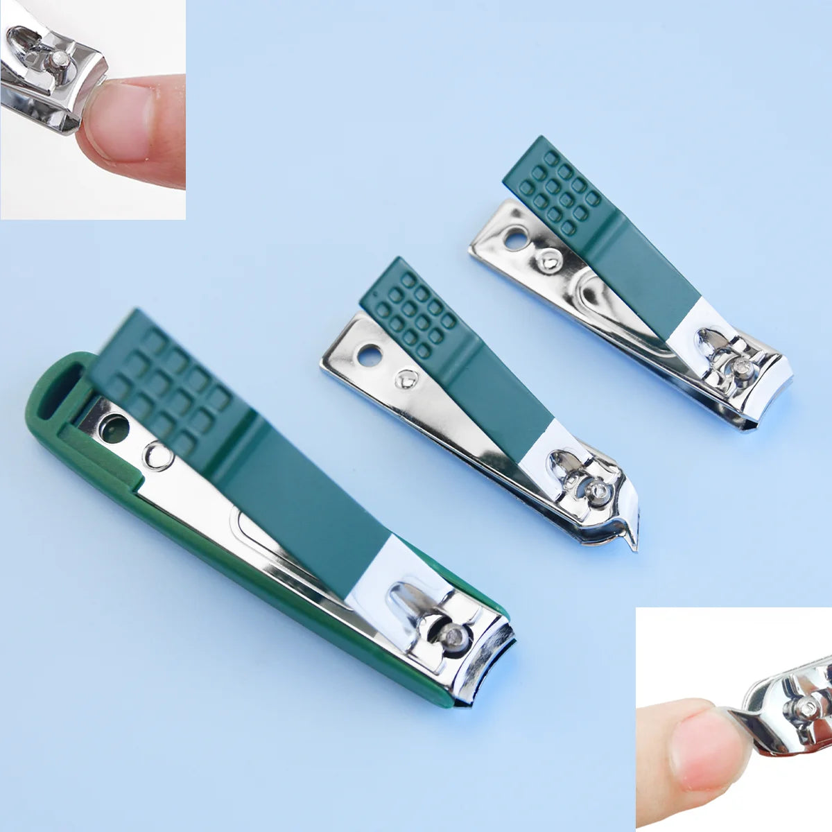 Manicure tools in a green case with nail clipper detail views