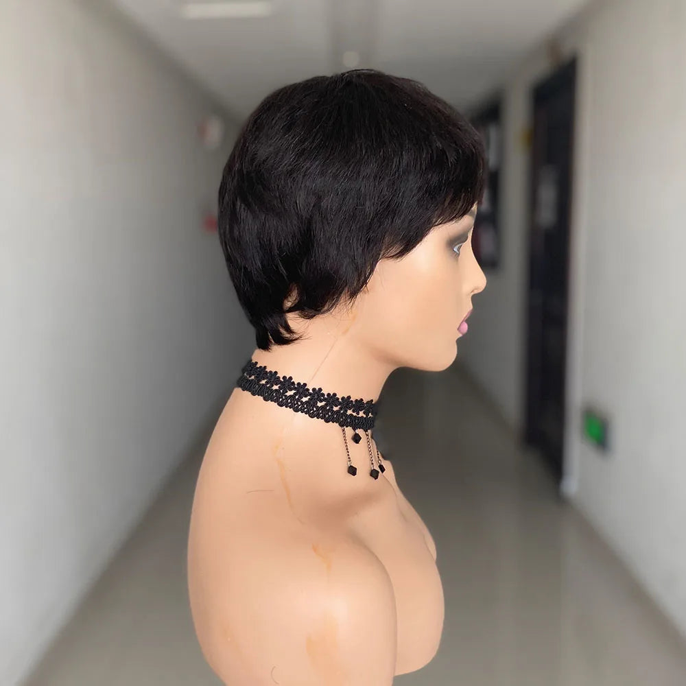 Short dark pixie wig shown from different angles