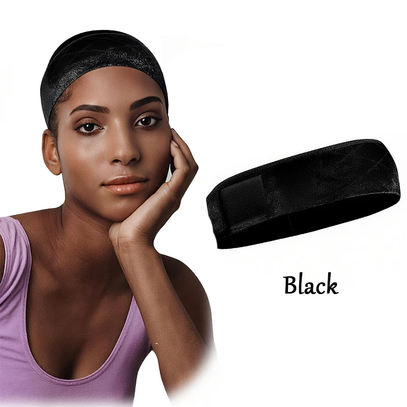 Wig grip headband color shown beside a model wearing it