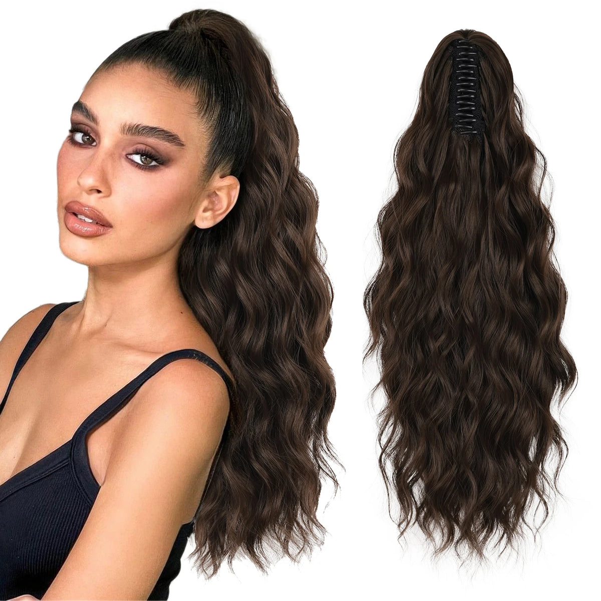 Wavy ponytail extension color shown with styling example