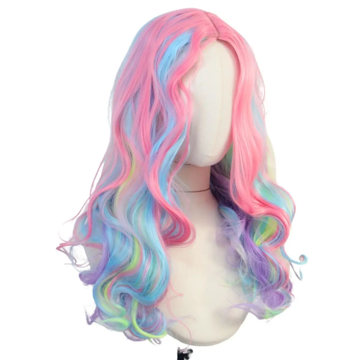 Long colorful wavy wig shown on a mannequin