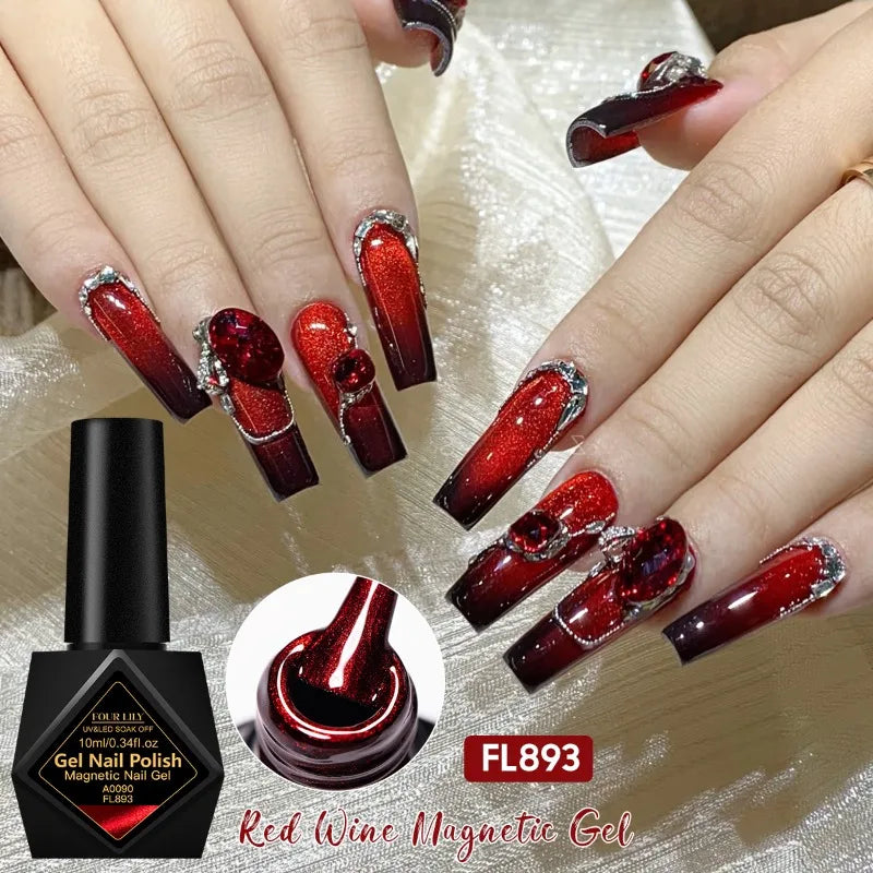 Red magnetic gel nail polish with painted nail examples and product details