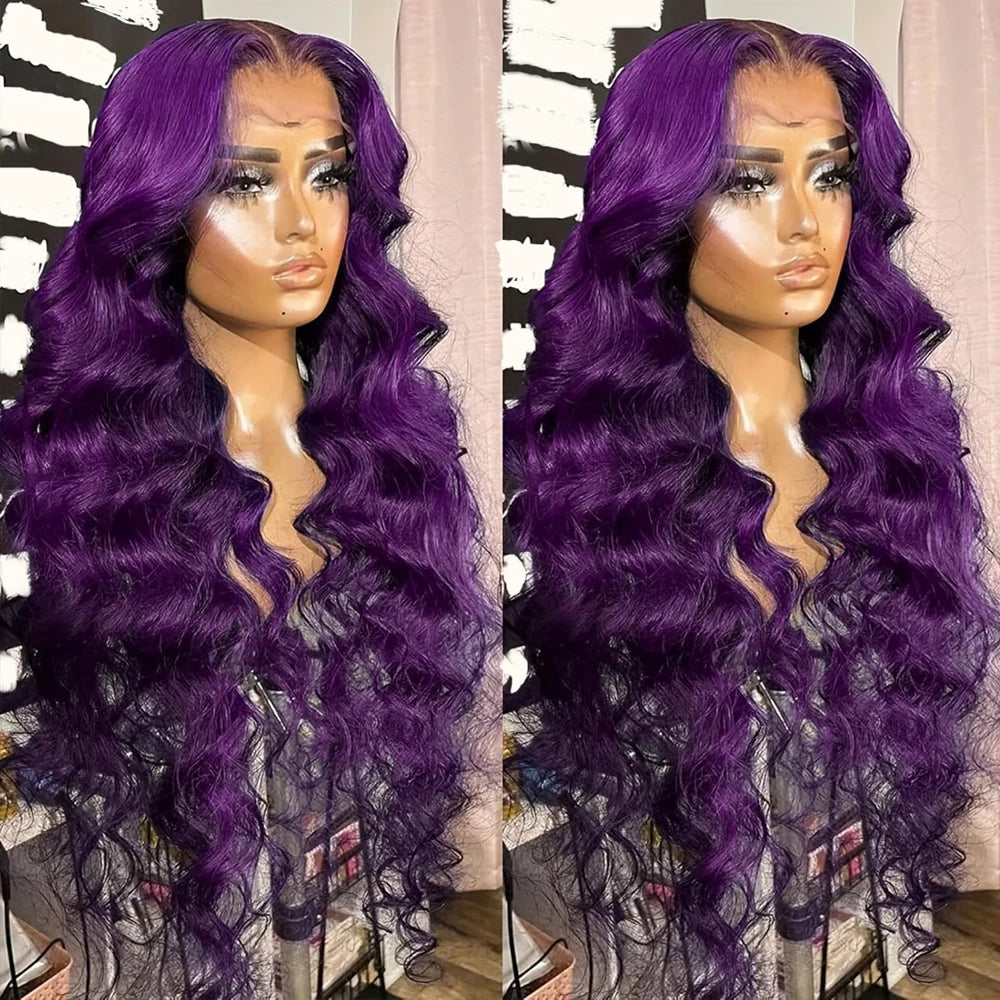 Long purple wavy wig with styling examples