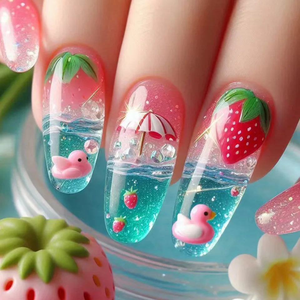 Colorful marine and summer-themed nail designs shown on hands