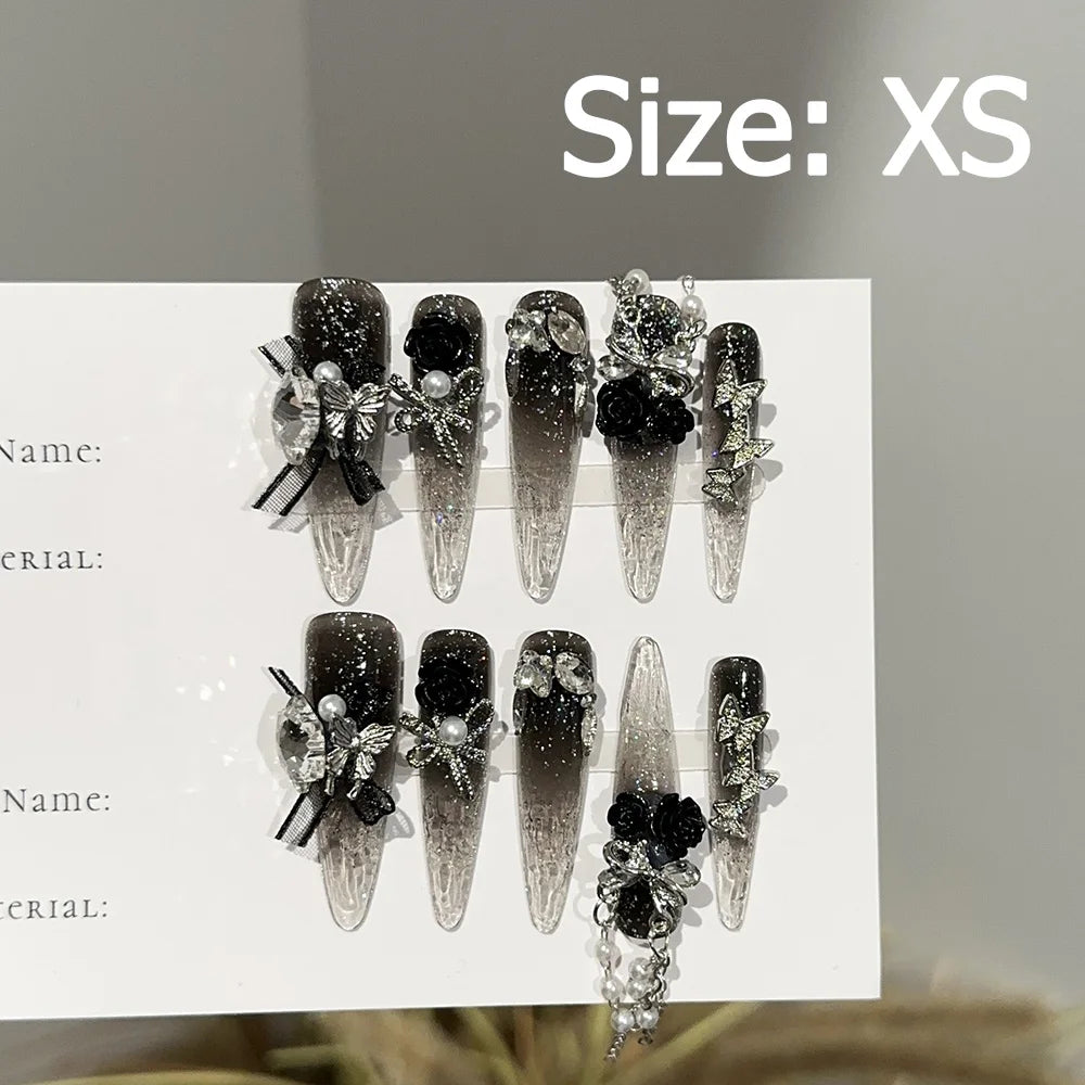 Gem-encrusted press-on nail set with size label