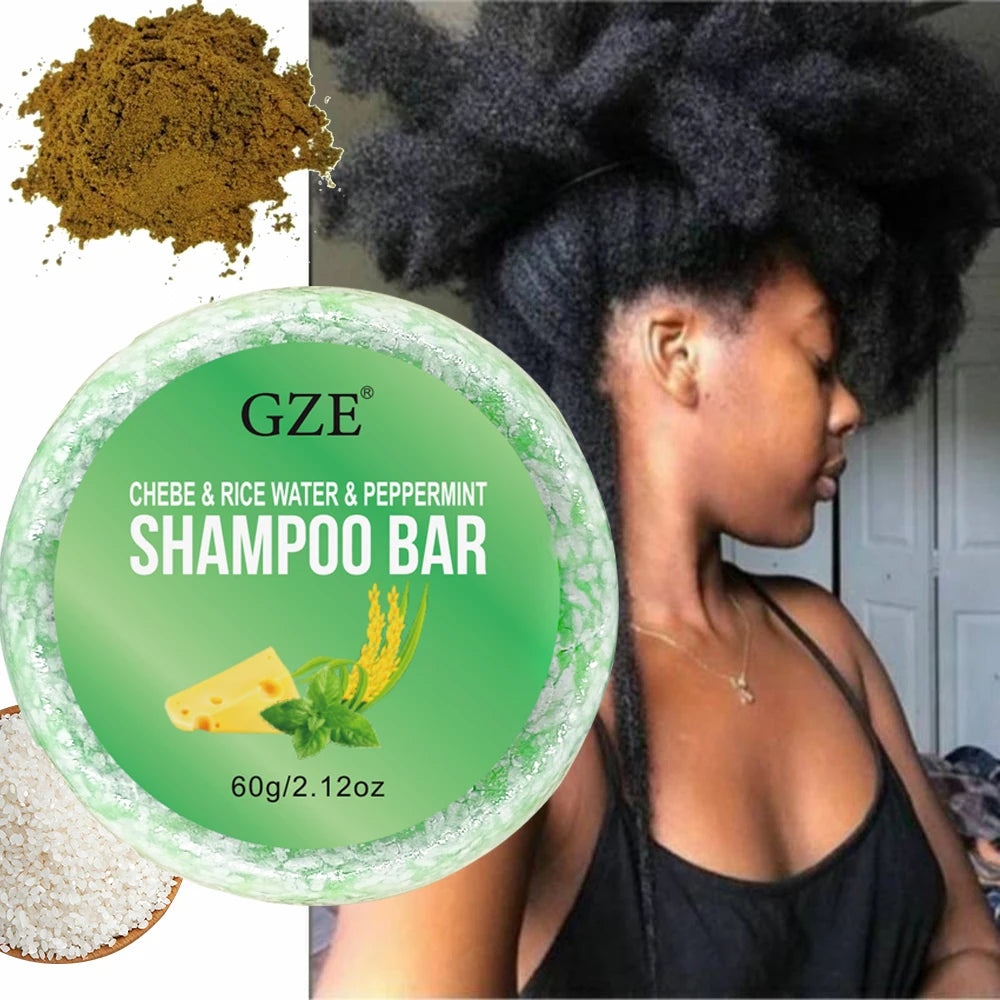Green shampoo bar with ingredients and hair washing information
