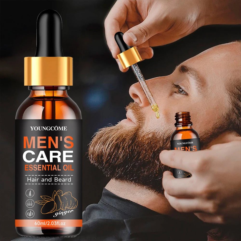 Men's care oil bottle with grooming, ingredient and application graphics