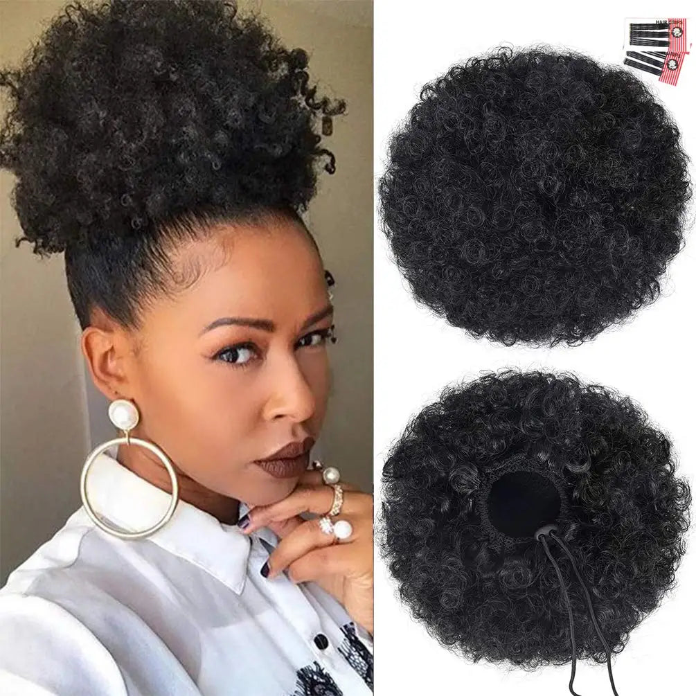 Curly puff hairpiece shown with attachment details or styled on a model