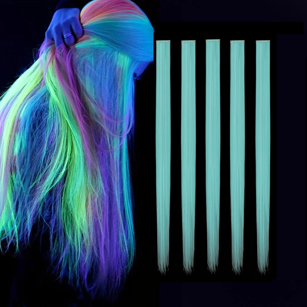 Bright clip-in hair extension strands with illuminated styling examples