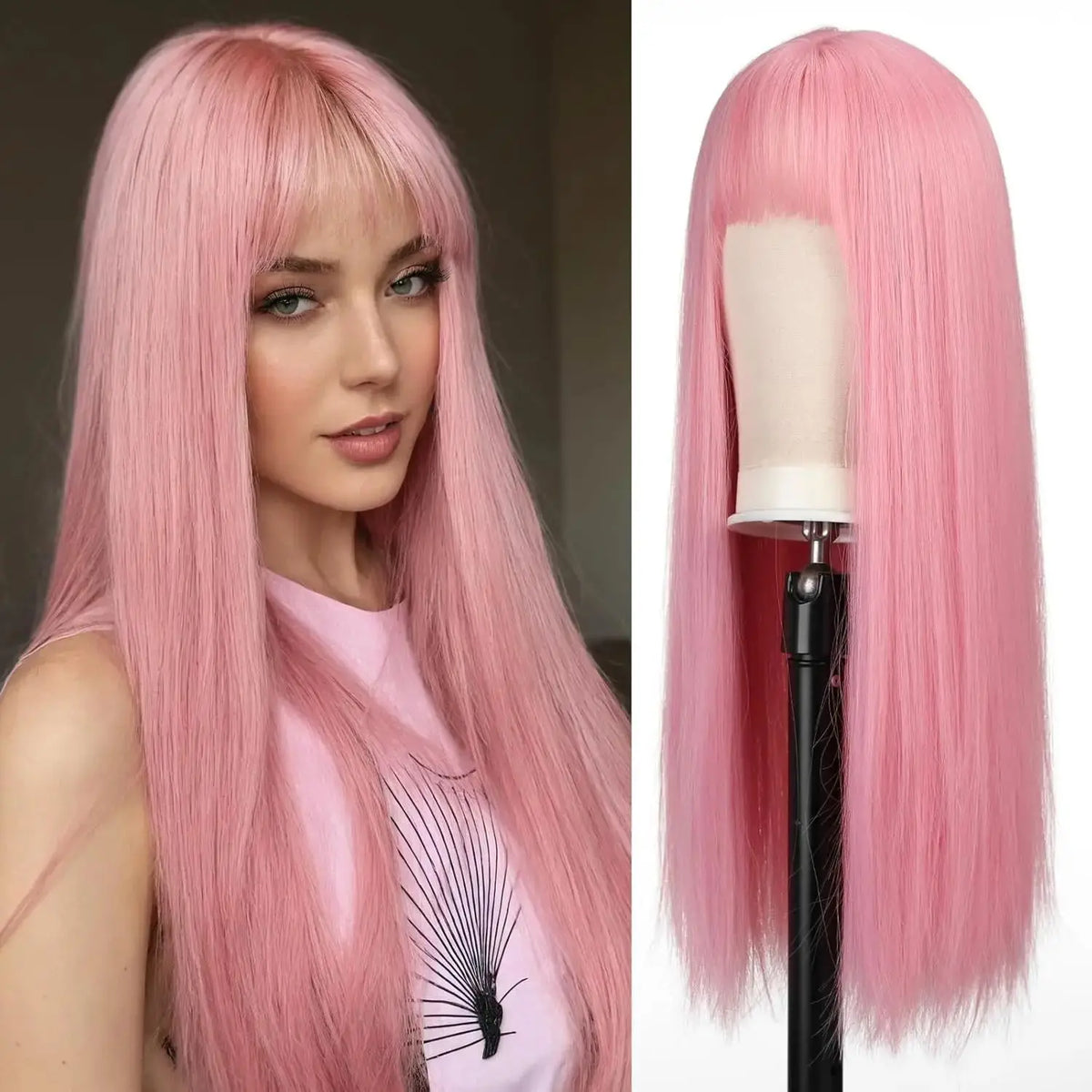 Long straight wig with bangs shown on a model and mannequin