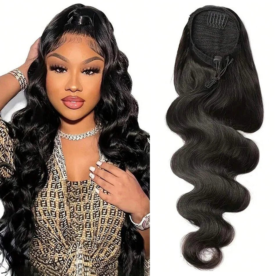 Ponytail extensions with styling examples and base details