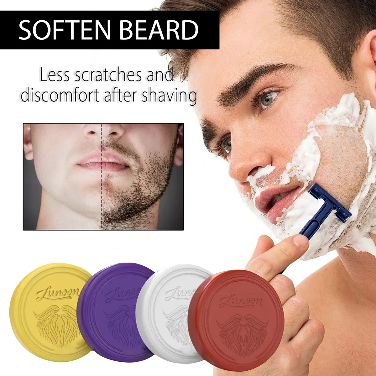 Shaving soap color options with product and application examples