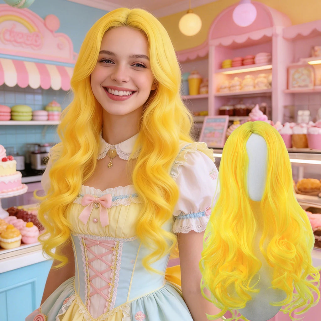 Bright Yellow Center-Part Curly Synthetic Wig