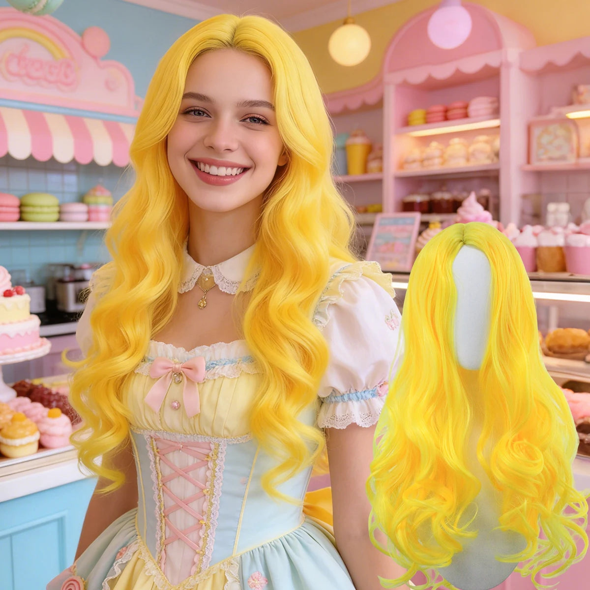 Bright Yellow Center-Part Curly Synthetic Wig