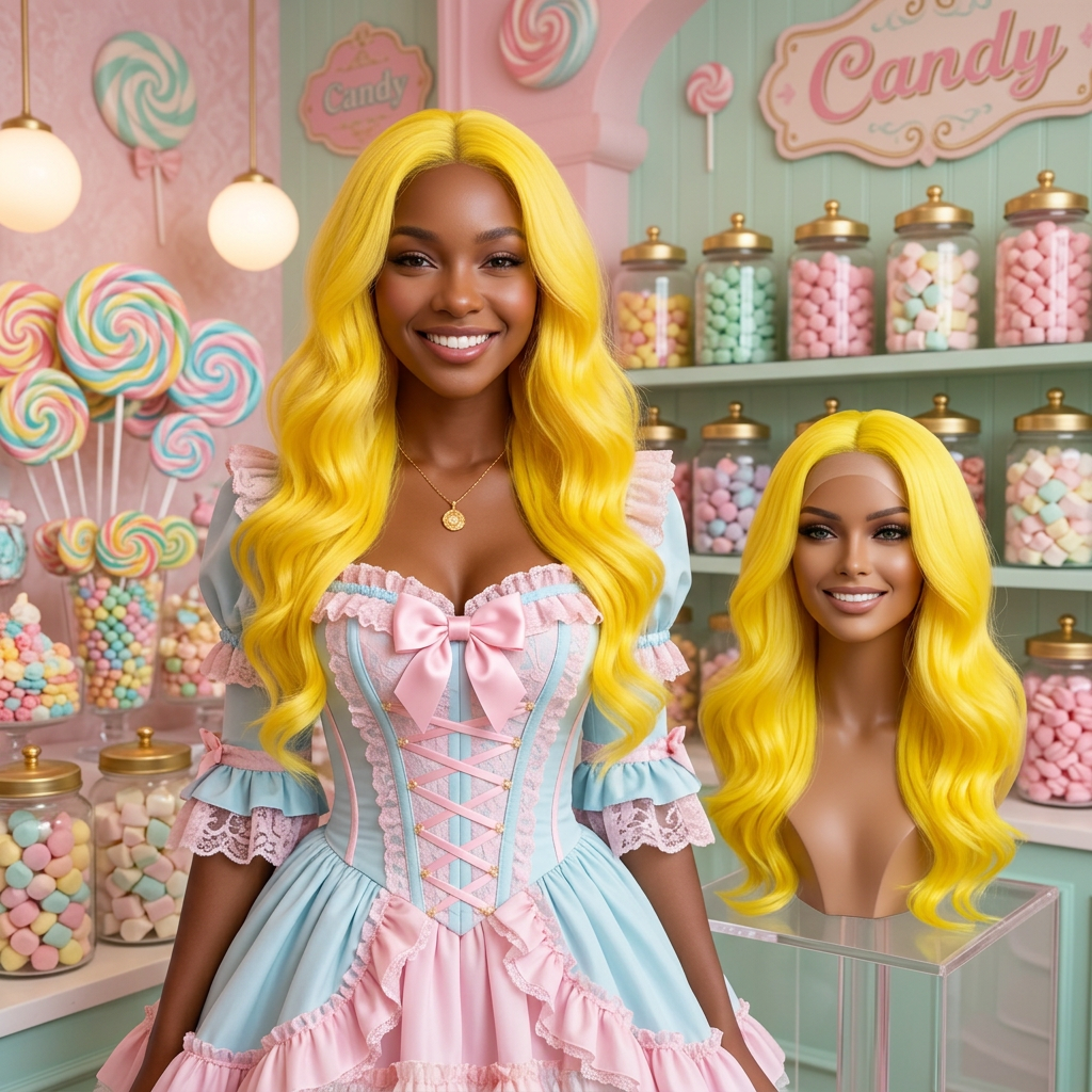 Bright Yellow Center-Part Curly Synthetic Wig