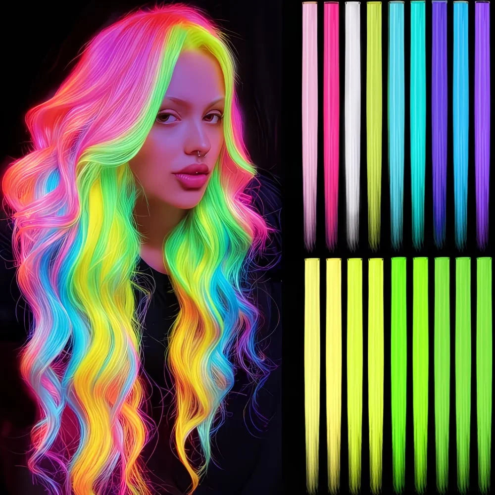Bright clip-in hair extension strands with illuminated styling examples