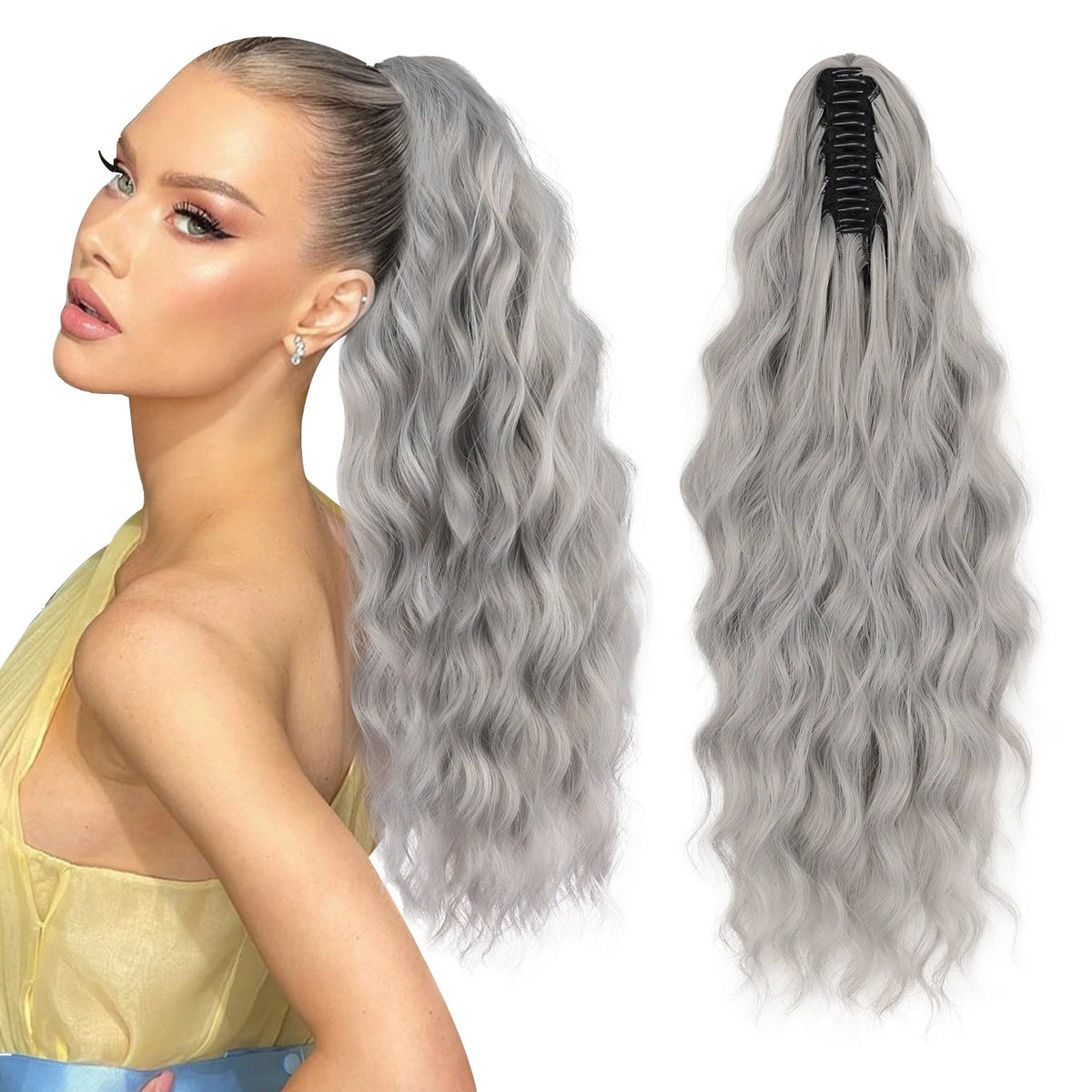 Wavy ponytail extension color shown with styling example