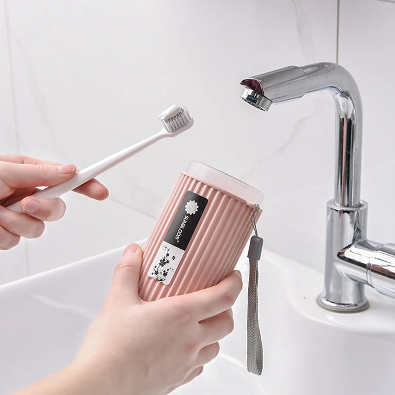 Travel toothbrush case with storage and use examples