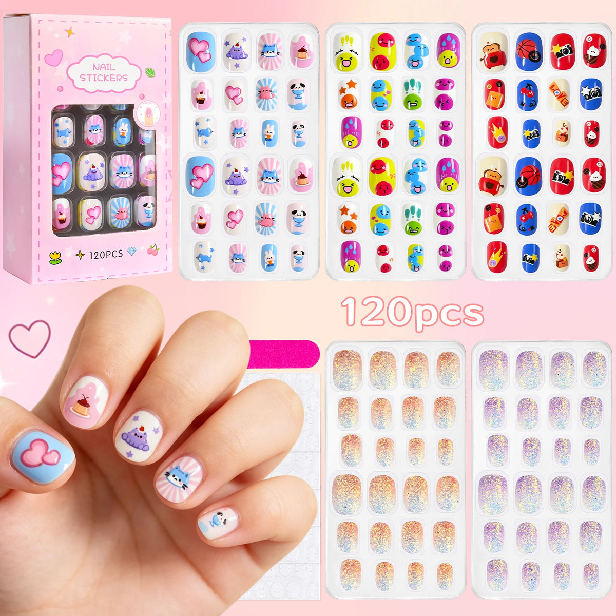 Assorted colorful press-on nails with packaging and manicure accessories