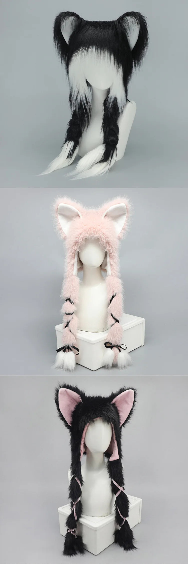 Y2K Cat Ear Plush Hat - Cute Braid Cosplay Cap- 9 Colors