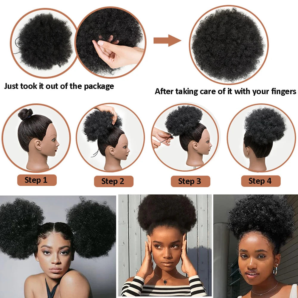 Curly puff hairpiece shown with attachment details or styled on a model