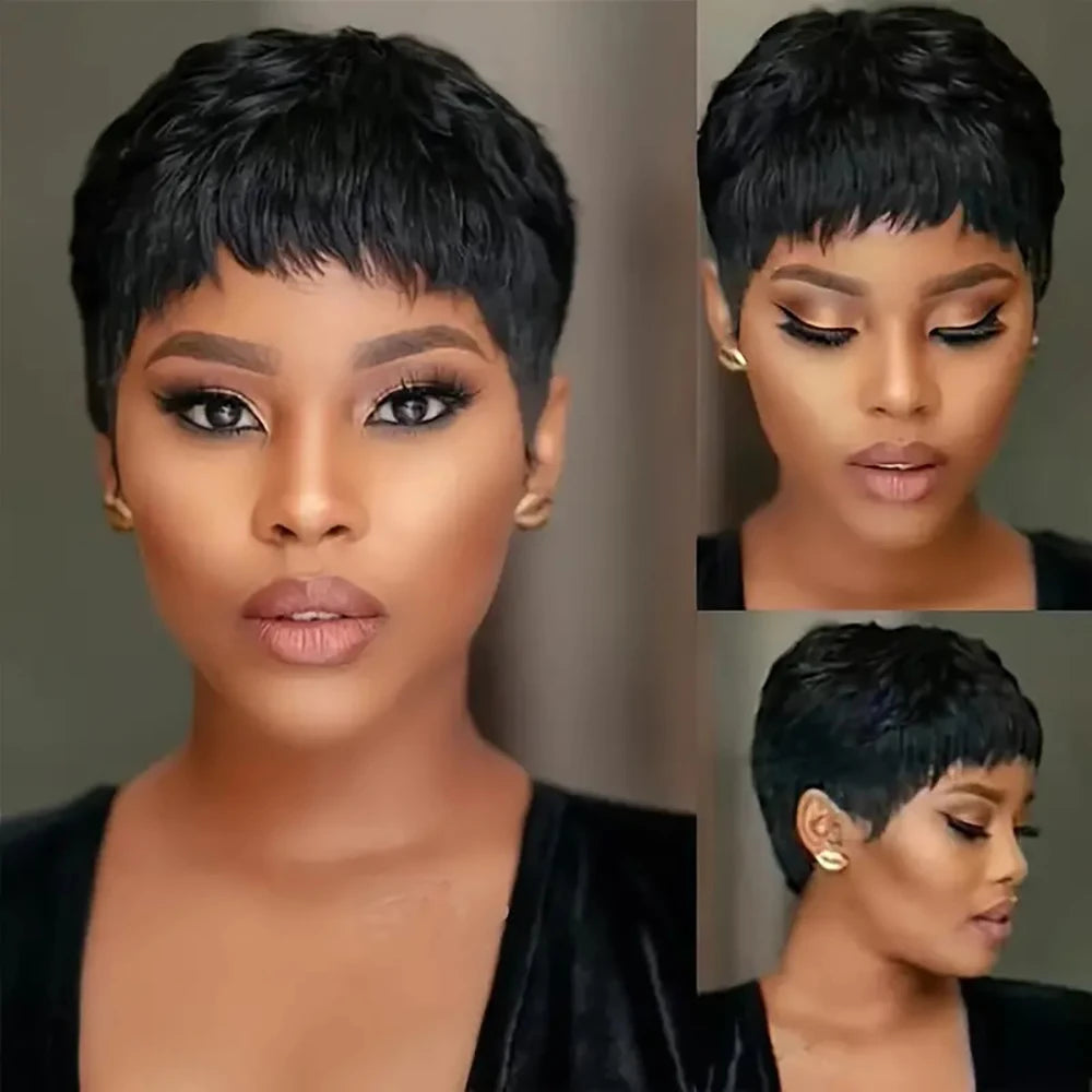 Short dark pixie wig shown from different angles