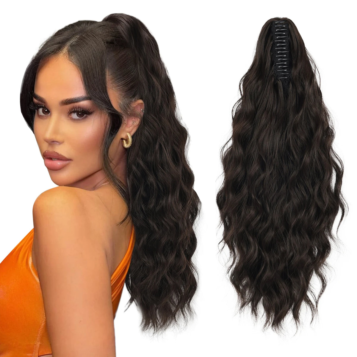 Wavy ponytail extension color shown with styling example