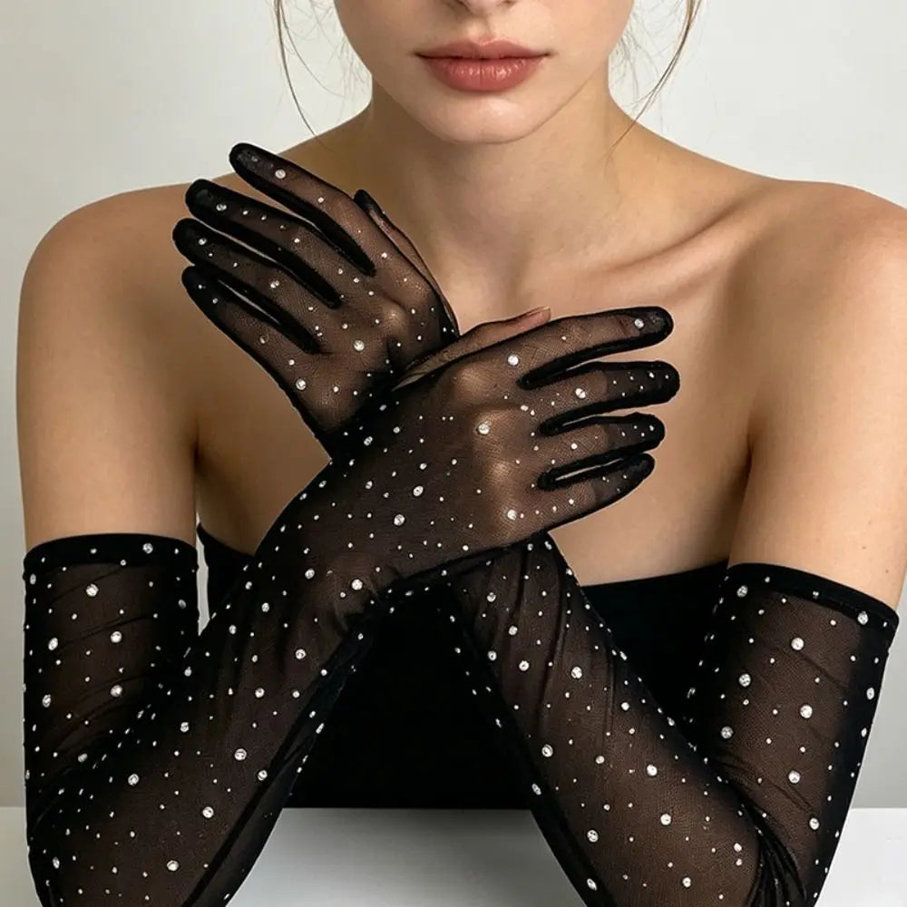 Elbow Length Full Finger Rhinestone Statement Gloves